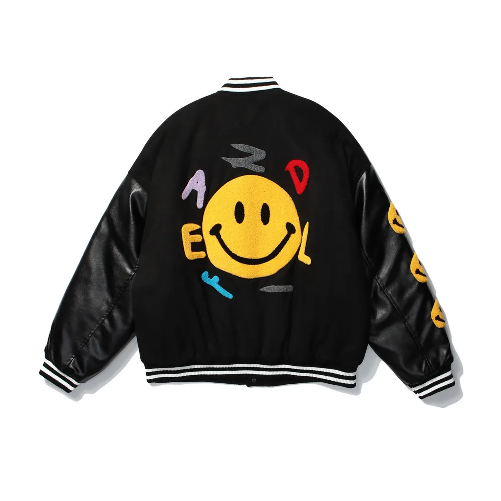 

SEVEYFAN Smile Embroidered Stitched Bomber Jacket Korean Clothes Men's Clothing Baseball Streetwear Men Coat