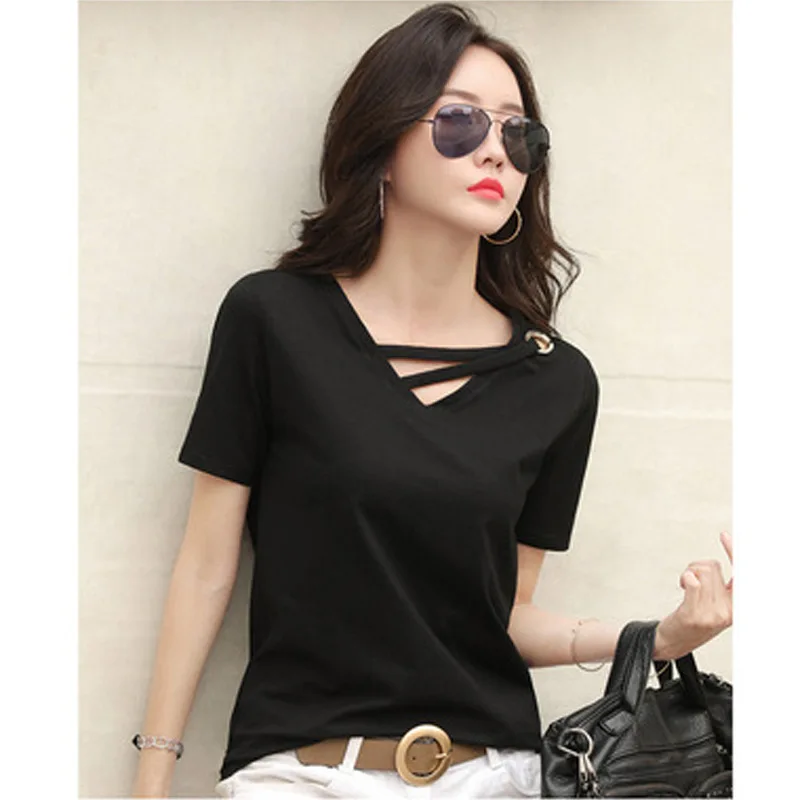 Vrouwen Wit T-shirt Vrouwen V-hals Losse Koreaanse Black Top Casual Compassionate Trend T-shirt Vrouwen