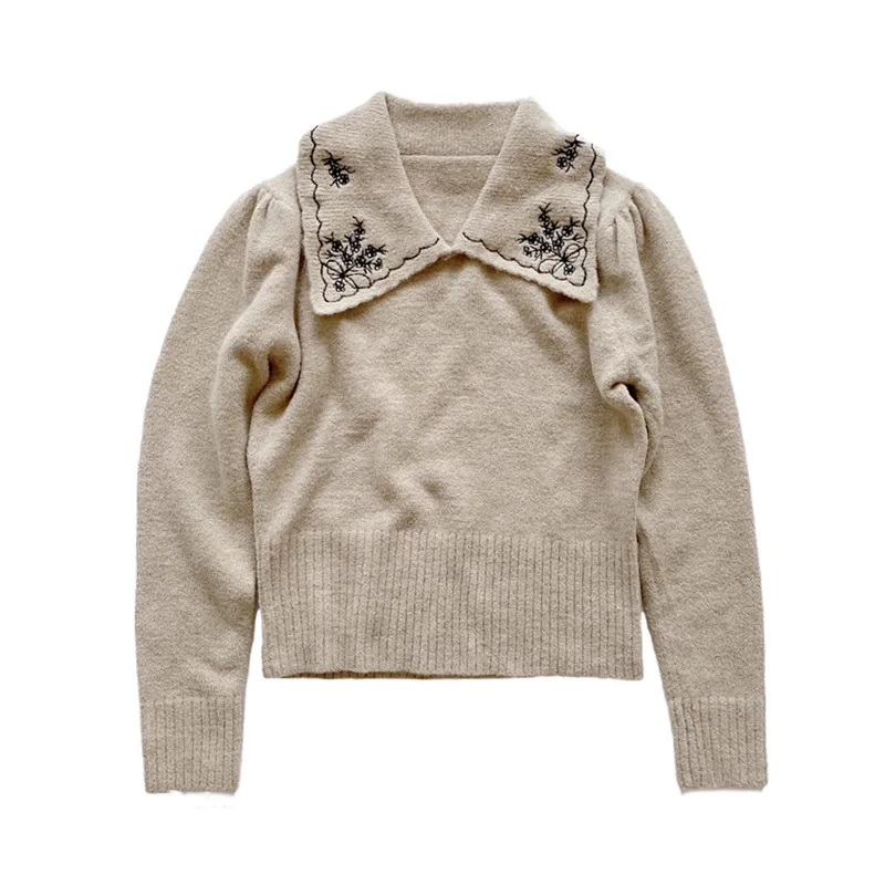 

2021 New Korean Fashion Embroidery Lapel Hepburn Style Puff Sleeve Women's Knitted Pullover All-match Casual Thick Sweater