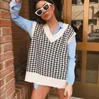 Богемный Вдохновленный Хаундстут Большой вязаный свитер для женщин с v-образным вырезом без рукавов Трикотажный жилет Повседневные свитера пуловеры модный свитер