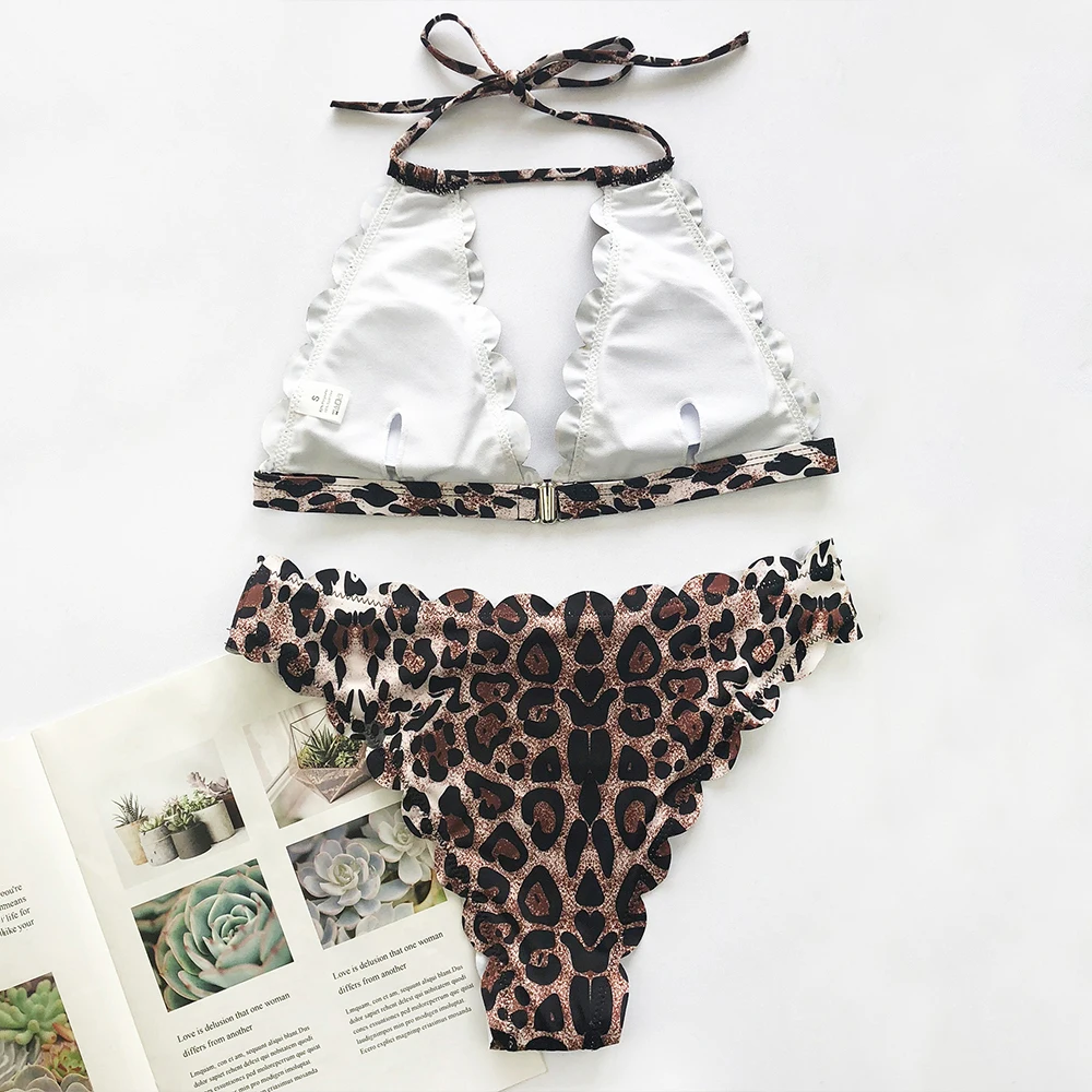 Леопардовый комплект бикини пуш ап полый Купальник для женщин повязки на шею