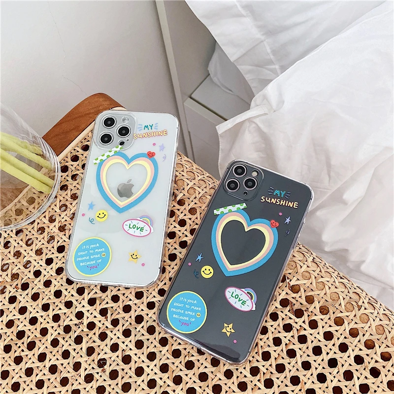 

Cute Rainbow Heart Shape Phone Cases on For iPhone 12 Mini 11 Pro XS MAX XR X 8 7 Plus SE 2020 Clear Soft TPU Back Cover Funda