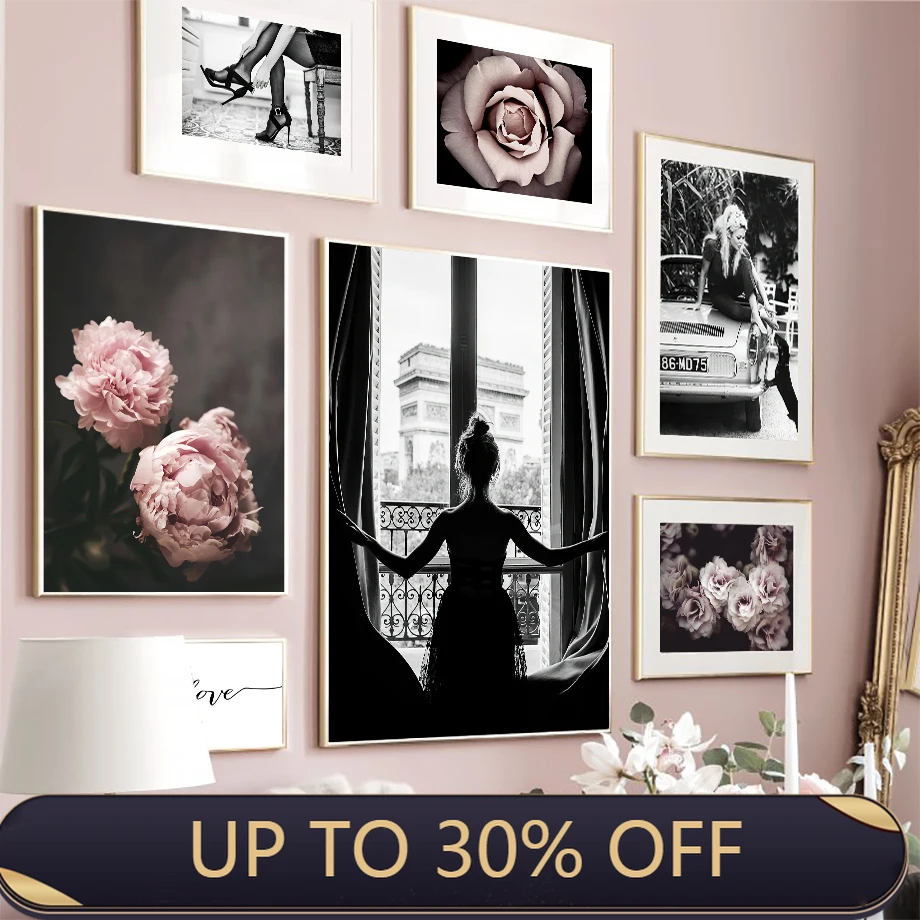 

Wall Art Canvas Painting Blossom Pink Rose Model Girl Black White Nordic Posters And Prints Wall Pictures For Living Room Decor