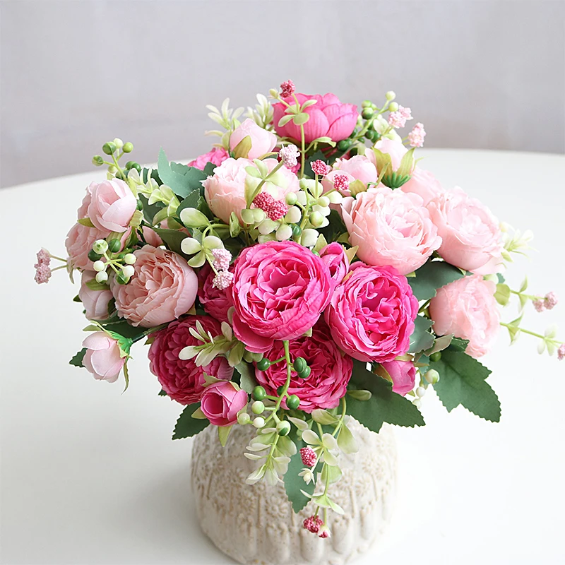 

32cm Rose Flower Silk Peony Artificial Flowers Bouquet 5 Big Head and 4 Bud Cheap Fake Flowers for Home Wedding Decoration