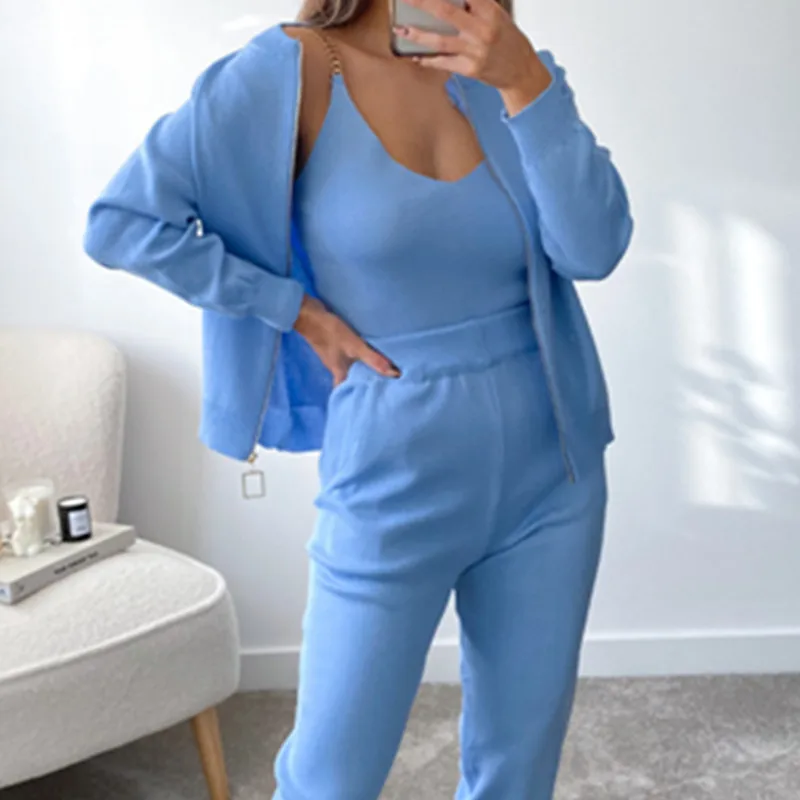 

Трикотажный комплект из 3 предметов, Женский комплект одежды, модные вязаные комплекты для отдыха, жилет, топ, джоггеры, кардиган, домашняя о...