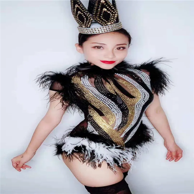 

W42 Singer stage dance costumes gold white rhinestones female bodysuit sleeveless feather siamese drilling perform party outfit