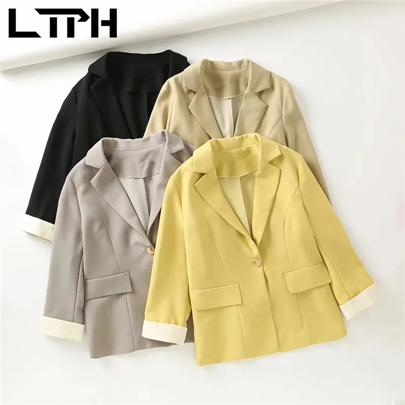 LTPH-Chaqueta de estilo clásico para mujer, blazer femenino con manga rizada y un solo botón, chaqueta informal que combina con todo, chaqueta fina para mujer, novedad de verano 2021