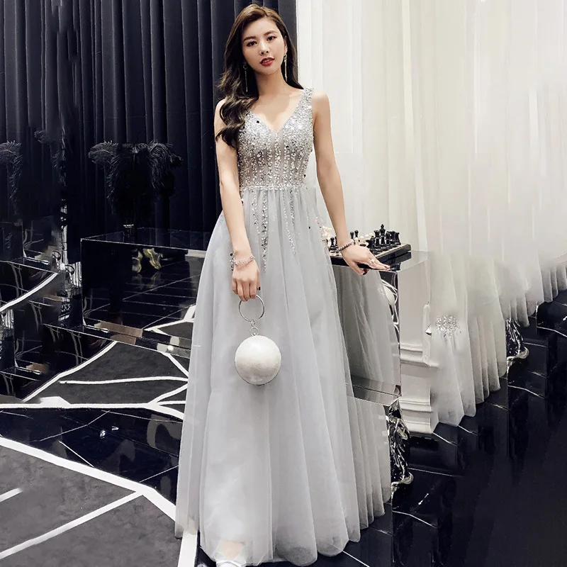 

Beauty-Emily Luxurious Long Dresses Evening Party Gowns 2020 For Woman Bridal Dress Tulle V Neck crystal Beads robe de soiree