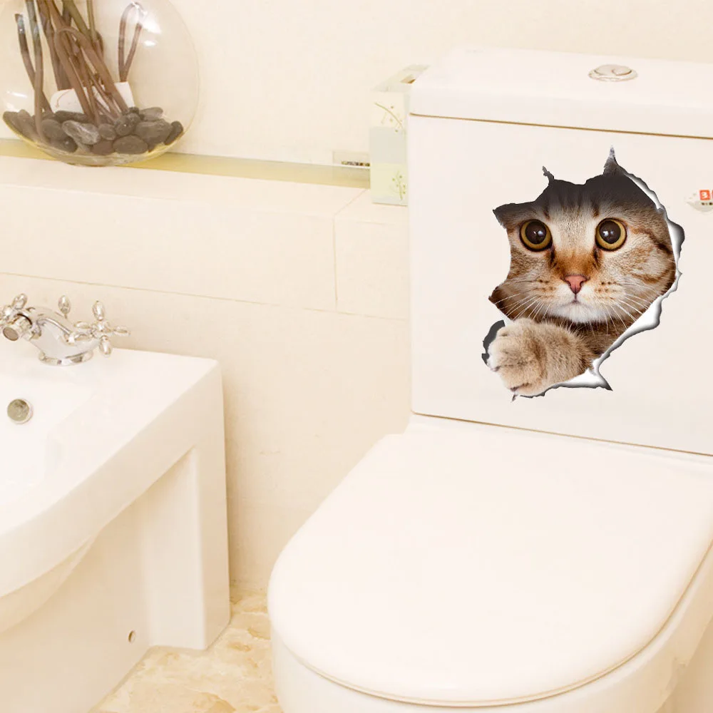 

Cat Vivid 3D Smashed Switch Wall Sticker Bathroom Toilet Kitchen Decorative Decals Funny Animals Decor Poster PVC Mural Art