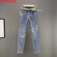 autumn heavy industry hot sale rhinestone skinny jeans womens stretch high waist cropped pants cowgirl workwear pants 2021 new