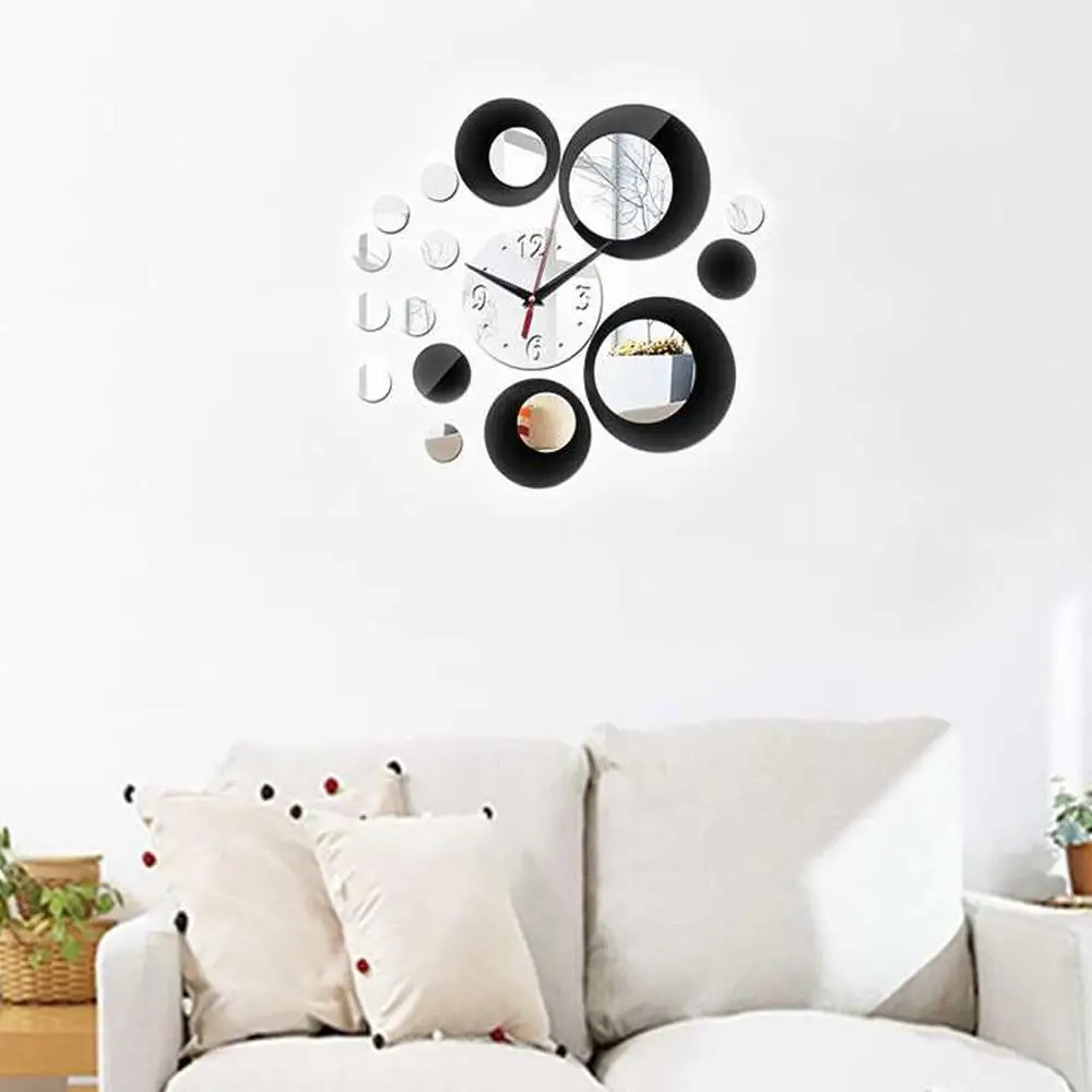 

Mirror Sticker Black Round Wall Clock Removable Clock Home Decor Office