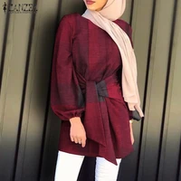 muslim fashion zanzea asymmetrical women blouse 2021 spring ladies plaid lace up blouse casual o neck loose kanftan blusas