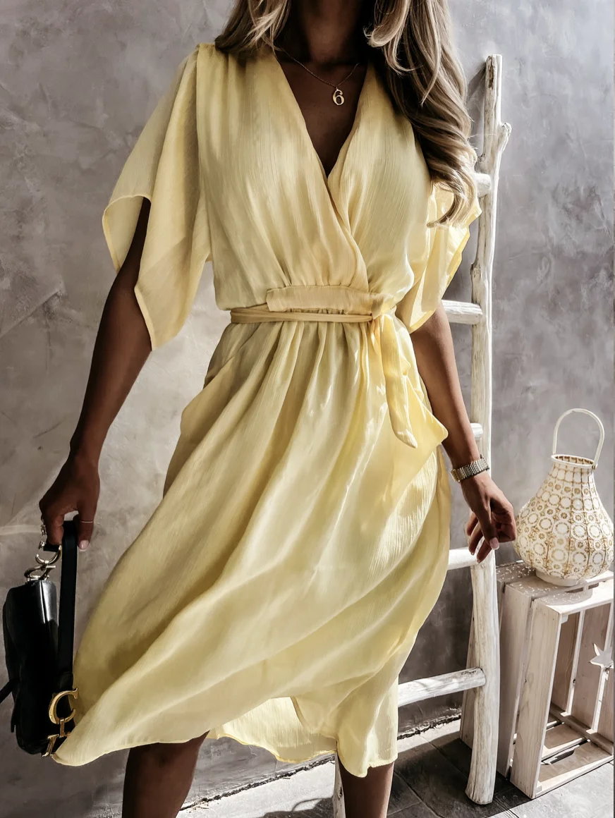 

Woman Dress 2021 Sexy Deep V-neck Slim Cross Folds Pleated Lace Up Dresses Bat Short-sleeved Dresses Vestidos Elegant Robe d