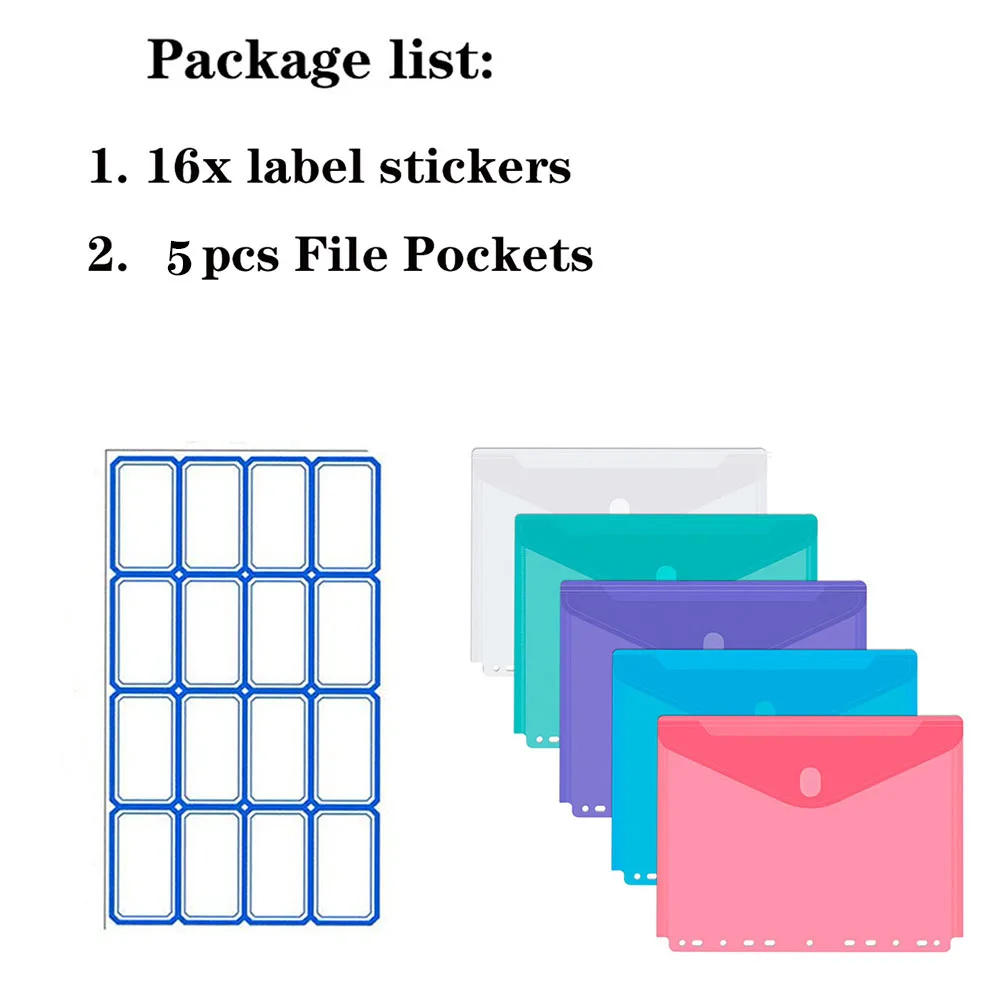 

5pcs/Set 11 Hole Clear Poly Envelope Binders Pocket Insert with Hook and Loop A4 Paper Document File Bags for 2/ 3/4 Ring Binder