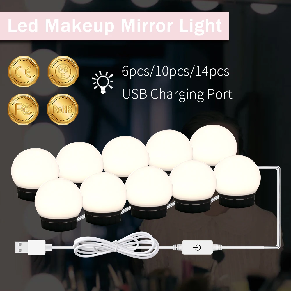 

Светодиодная лампа для косметического зеркала, USB лампа для туалетного столика, с сенсорным затемнением, для ванной комнаты, зеркала, туалет...