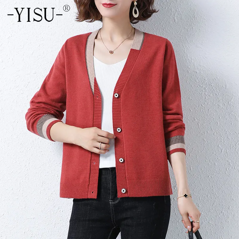 

Новинка 2021, осенний свитер YISU, кардиган, женские топы в полоску с V-образным вырезом, Женский Повседневный однобортный вязаный женский карди...
