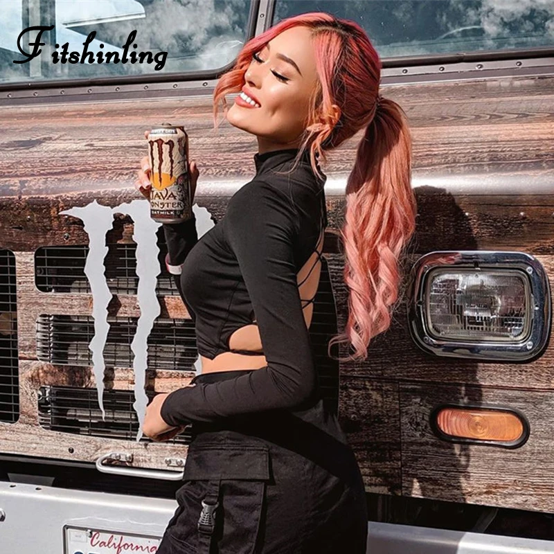 Женская футболка с открытой спиной Fitshinling черная Повседневная однотонная