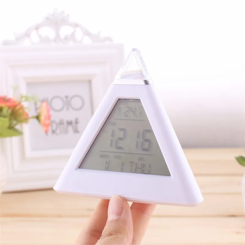 Pyramid Shape 7Color Change Colorful Alarm Clock Home Decor Time LED Digital LCD Creative Fashion Office Table | Дом и сад