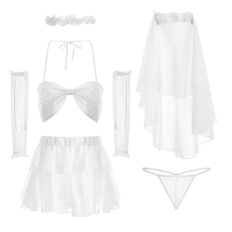 

Sexy Wedding Bridal Outfit Set Women Ladies White Suspender Backless Bra See-through Chiffon Skirt Underwear Panties Lingerie