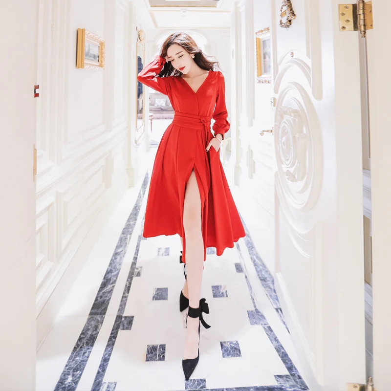 

European customize Plus Size 3XS-10XL high-end female Spring Autumn sexy slim V-neck large swing slit maxi long dresses