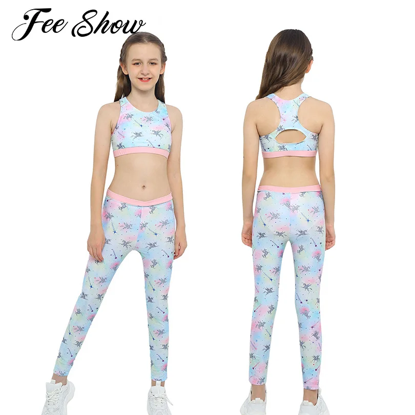 Kids Girls Clothes 2Pcs Yoga Suits Sport Sets Gym Fitness Tracksuits Sleeveless Racer Back Keyhole Back Top Elastic Waist Pants