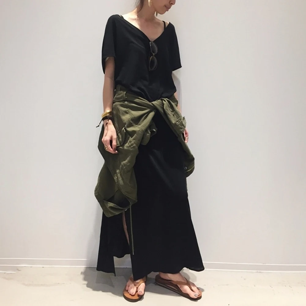 

Korean Style Pop Black Women's Dress Ladies Summer Short-sleeved V-neck Loose Casual Dress Nice Fashion Womens Office Dresses