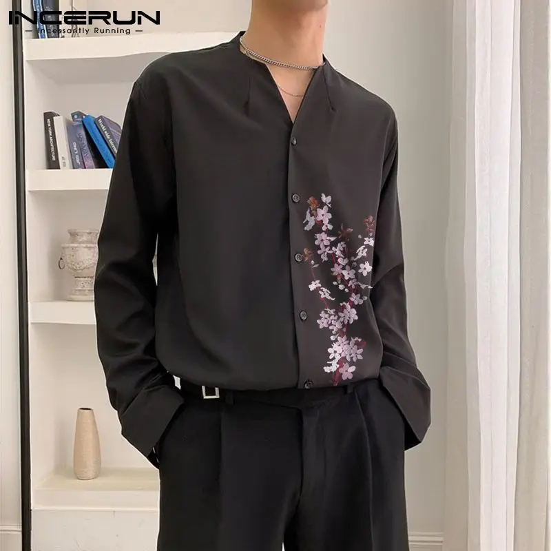 INCERUN Tops 2021 New Men's Fashionable Leisure Streetwear Print Collarless Button Down Stylish Shirt Long-sleeved Shirts S-5XL