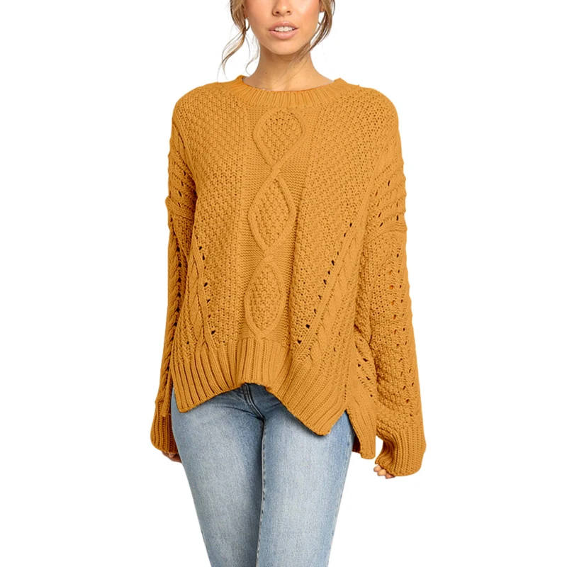 

Женский Трикотажный Свитер оверсайз, повседневный желтый однотонный пуловер свободного покроя с круглым вырезом, Осень-зима 2020