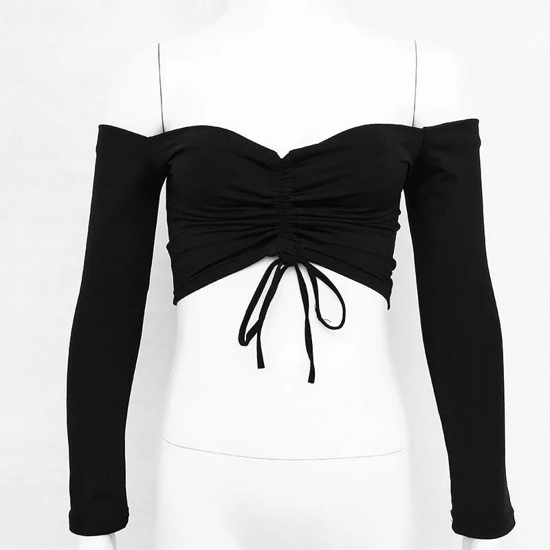 Сексуальная футболка с открытыми плечами женские кроп-топы Осенние облегающие