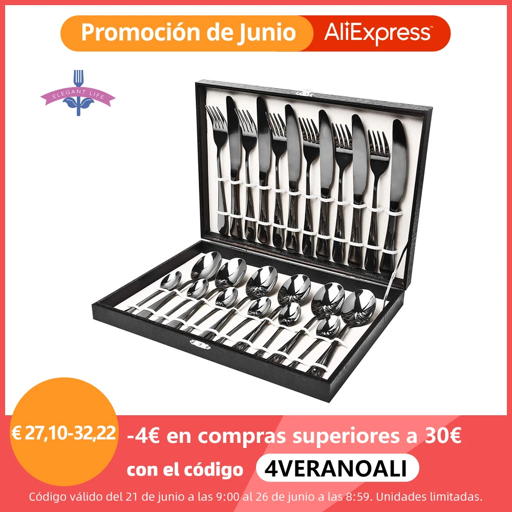 24 комплект столовых приборов Нержавеющая сталь набор посуды черного и золотого