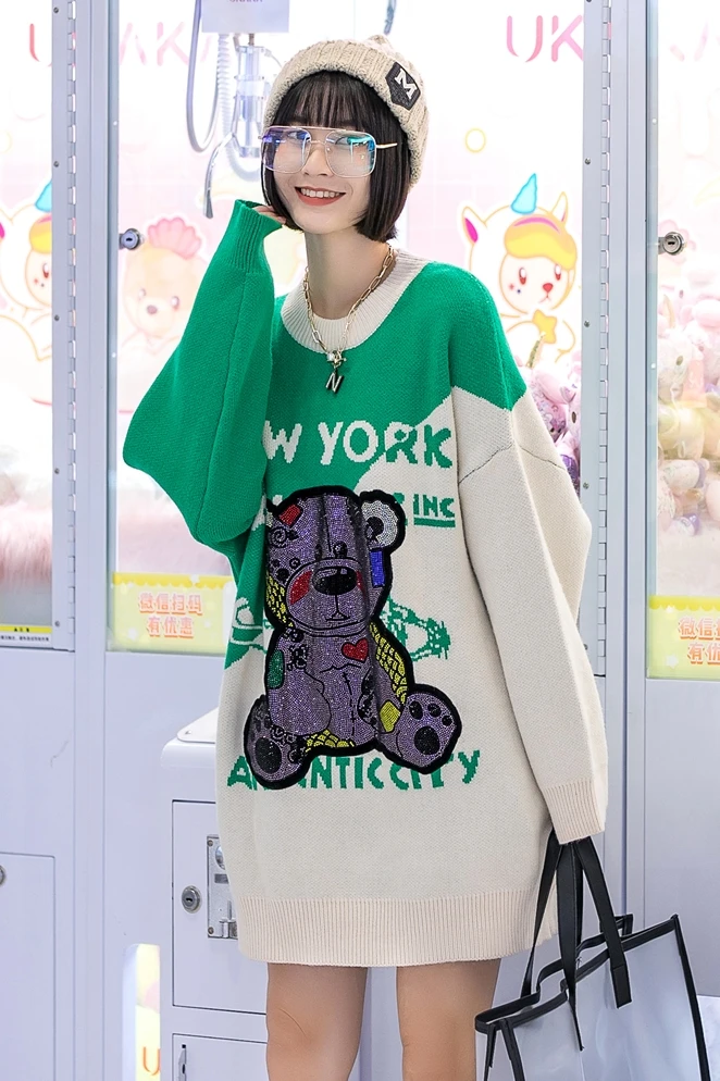 

European station fashion brand autumn and winter thickened heavy industry patch sweater women loose pullover outer knit top