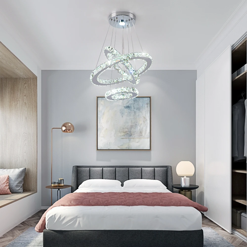 

K9 Crystal Chrome Chandelier Light Mirror Stainless Steel Shine Lustre Hanglamp For Bedroom Modern Rings Adjustable Pendant Lamp
