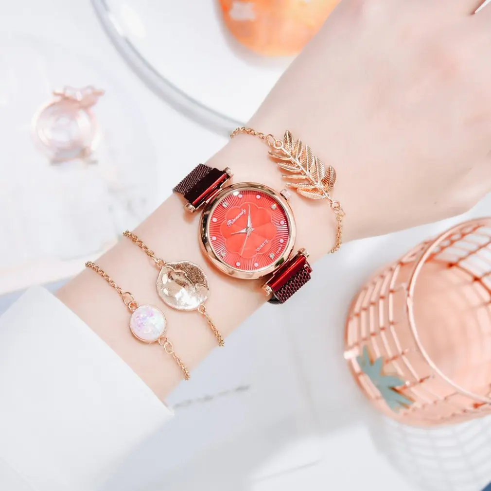 

Fashion Women Watches Luxury Magnet Buckle Flower Rhinestone Watch Ladies Quartz Wrist Watch Bracelet Set Reloj Mujer
