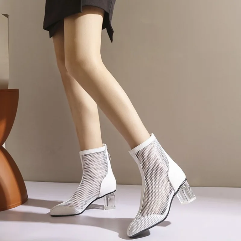 

2021 New Female Boots In The Summer Short Boots Thick With 6 Cm High Zipper Breathable Mesh Non-slip Wear-resisting