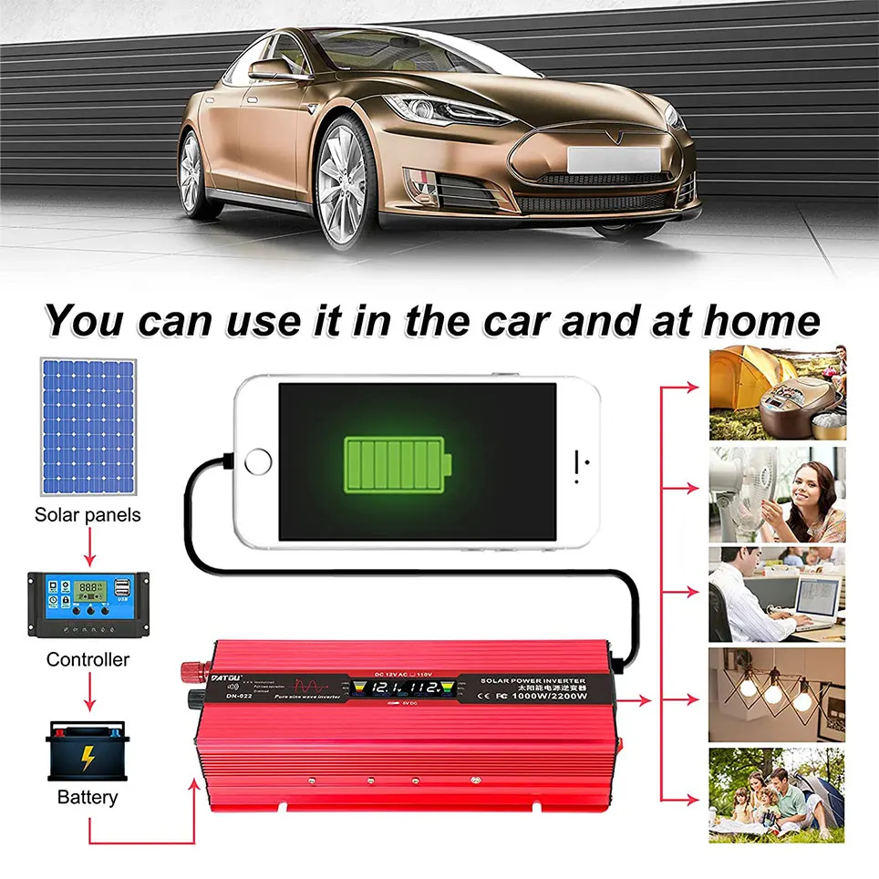 

2021 Pure sine wave inverter 1000W power inverter peak 2200W converter DC 12V to AC 110V 120V, with LCD color display