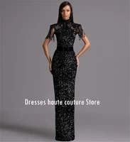 long luxury evening dresses 2021 sparkly black sequin high neck mermaid african women beaded formal party gowns