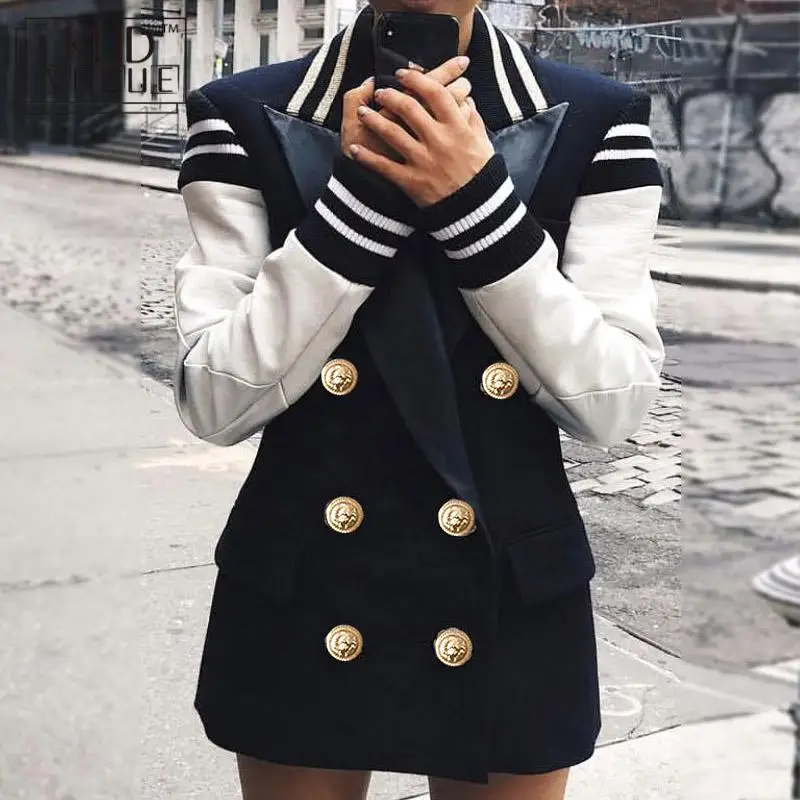 

Fashion 2020 Designer Blazer Jacket Women Leather Patchwork Double Breasted Blazer Jacket High Quality Women Blazers 7479
