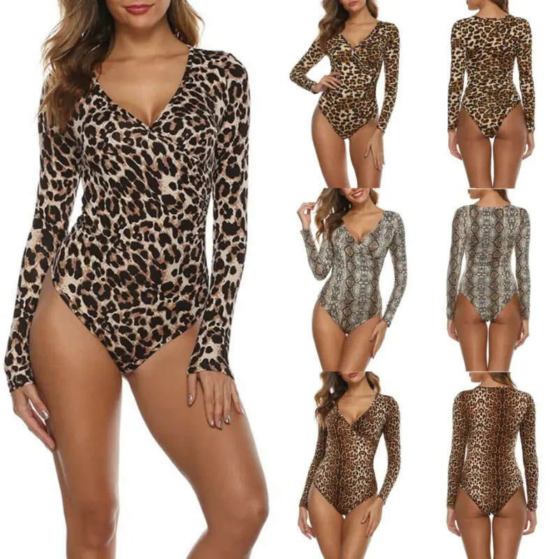 

Women Leopard Snakeskin Print Long Sleeve V-neck Slim Skinny Bodysuit Leotard Top Blouse Bodycon Jumpsuit Romper