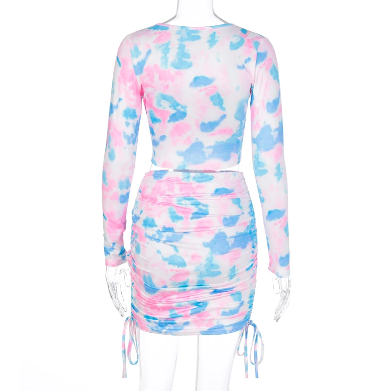 

Women Tie-Dyeing 2Pcs Set Long Sleeve V-Neck Cropped Tops+Drawstring Mini Skirt Abstract Printed Skinny Suits Elegant Streetwear