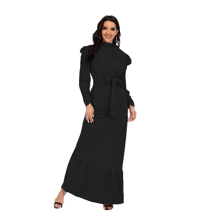 

Mandylandy Dress Spring Long Sleeve O-Neck Pleated Irregular Dress Women's Casual Solid Color Lace Up Ruffled Stitching Dress