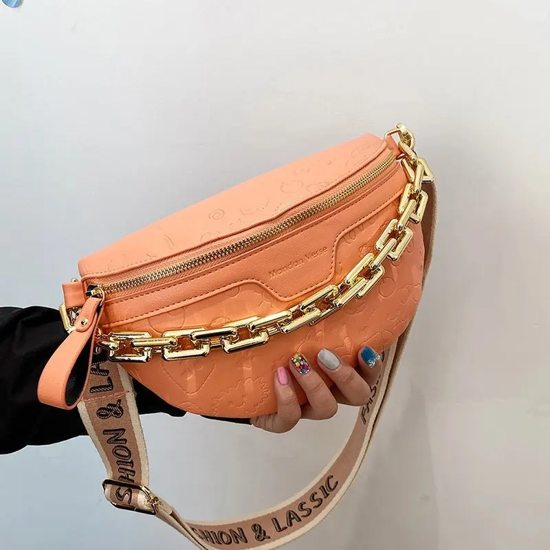 

Fanny Bag Leather Gold Thick Chain Chest Bags For Women 2021 Handbags Casual Solid Color Chest Shoulder Bag Lady Waist Bags
