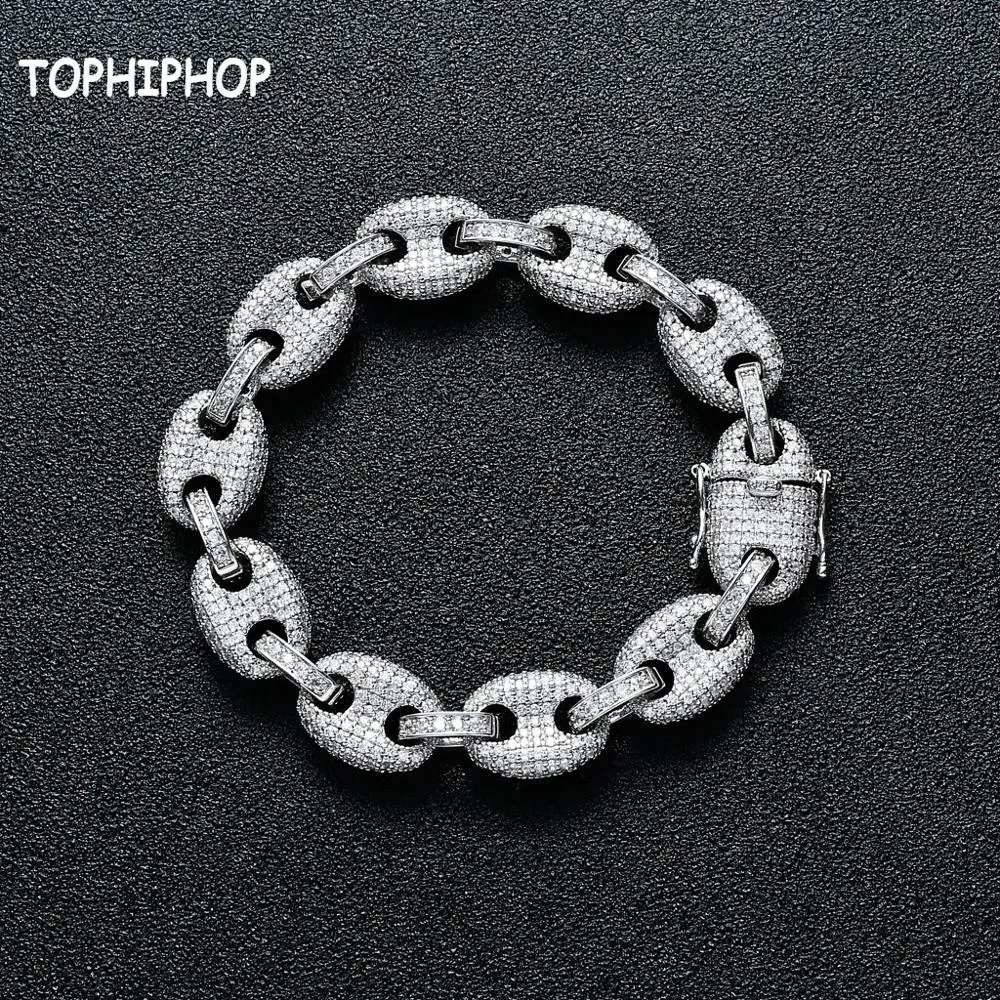 

TOPHIPHOP в стиле «хип-хоп» 12 мм свинья цепь на нос кофе в зернах Браслет Модные Кнопка микро инкрустированный кубическим цирконием в стиле хип до хоп серебристого и золотистого цвета, ювелирные изделия