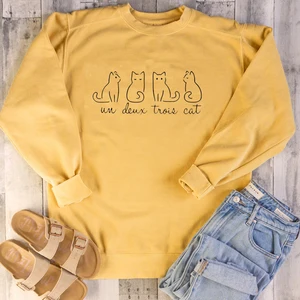 Un Deux Trois Cat Crewneck Sweatshirt Women Four Cats Graphic Harajuku Hoodie Long Sleeve Pullover Yellow Clothing