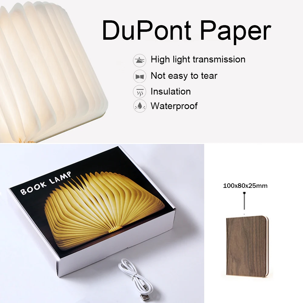 

Portable Book Mini Night Light USB Rechargeable Creative Lamp Wooden DuPont Paper 360 Foldable Warm White LED Bulb Home Decor