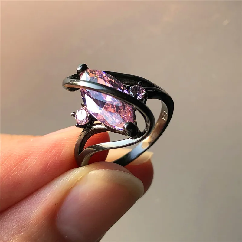 

Cute Female 14KT Black Gold Filled Ring Princess Big Oval Pink Stone Ring Promise Love Engagement Rings For Women