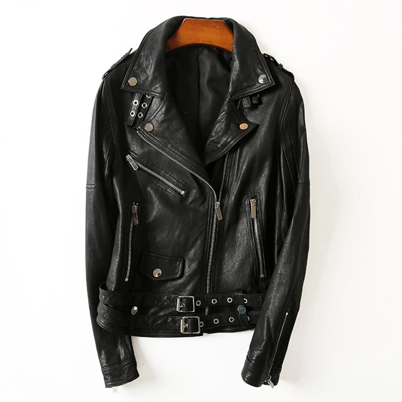 

Женская короткая мотоциклетная куртка, черная приталенная куртка из натуральной овечьей кожи с поясом, Байкерский жакет в винтажном стиле, ...