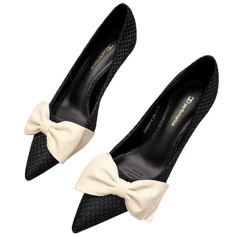 

BJYL High Heels Small Autumn French Women's Stiletto Heel 2020 Fragrance New Versatile Ladies Temperament PU Leather Bow