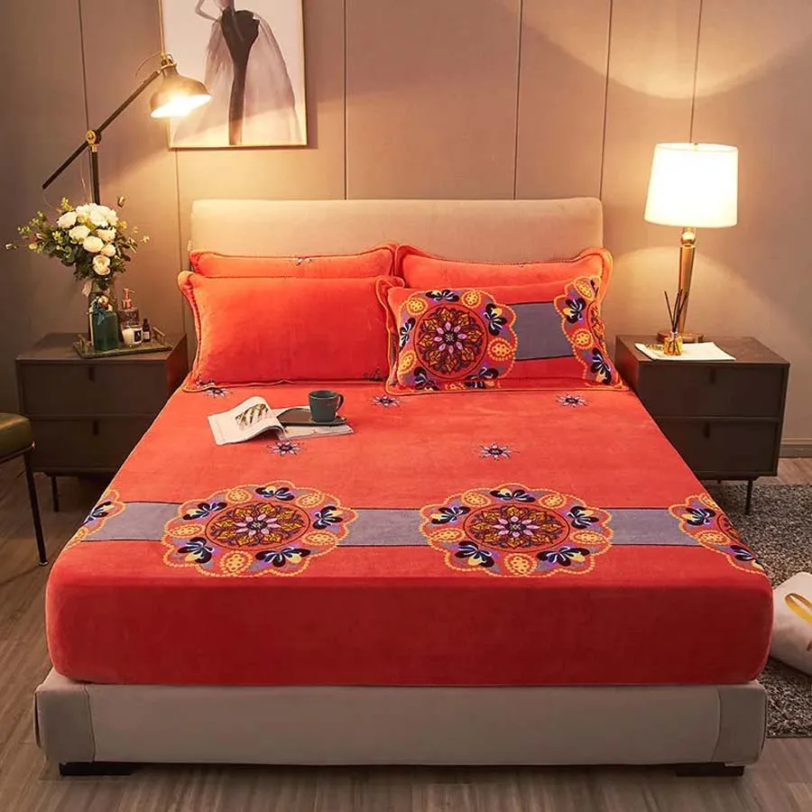 

Winter warm mink cashmere printed fitted sheet 25cm universal non-slip mattress cover king size bed sheet and pillowcases