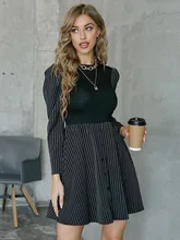 SRUBY Women Long Sleeve Dress Patchwork Loose Striped O Neck Dress Bodycon Zipper Empire Casual Office Ladies Sashes Dress (2)