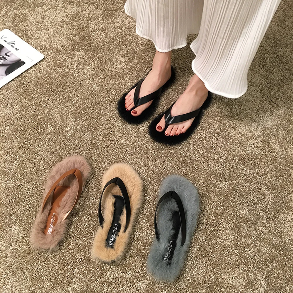 Simple fashion flip-flops women wear 2019 new summer Korean version of the net red flat shoes rabbit hair slippers | Обувь